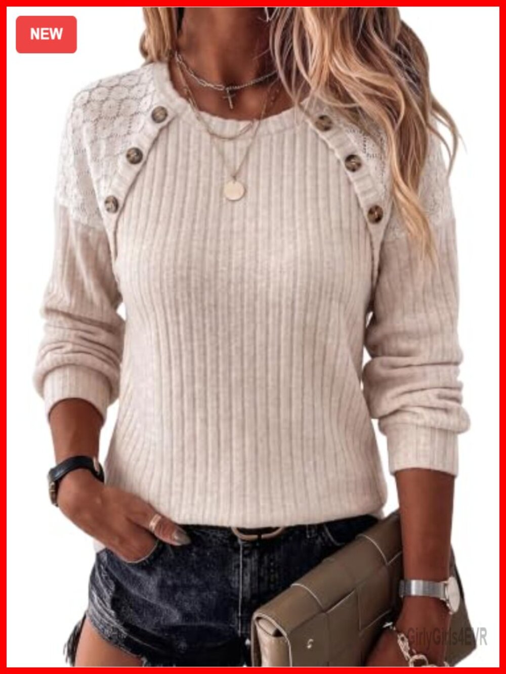 Womens Knitted Pullover Sweater Long Sleeve Button Crew Neck Tunic Top